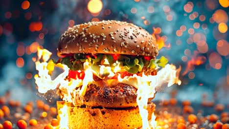 a hamburger on fire with flames coming out of it