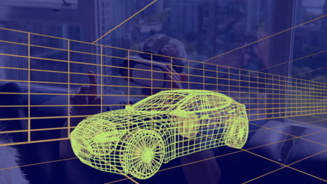 animazione del disegno tecnico 3d dell'auto, sull'uomo a casa che indossa l'auricolare vr
