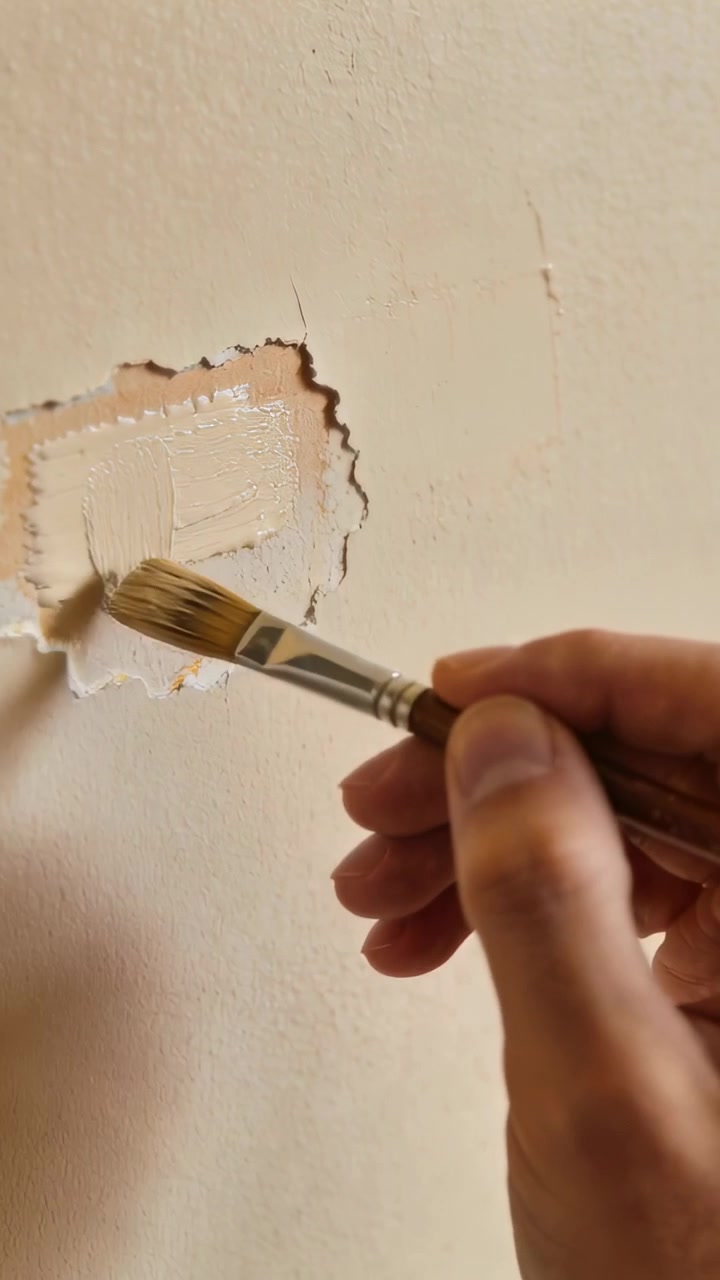 Vertical video: Brushing hand from right with brush clearing paint from torn patch at home to fix