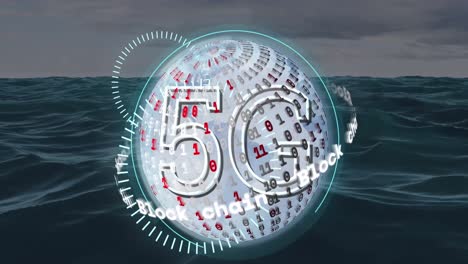 Animation-of-5g-text,-circles-and-block-chain-text-around-binary-codes-in-globe-over-ocean