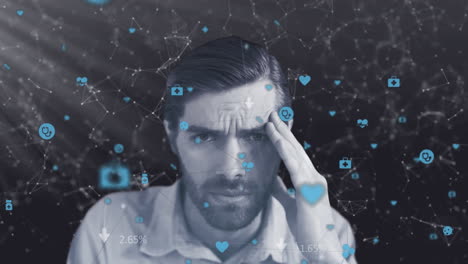 red de iconos de conexión contra el hombre estresado en fondo negro