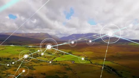 animación de redes de conexiones con iconos sobre el paisaje