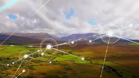 animation of networks of connections with icons over landscape