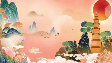 Mysterious-landscape-China's-traditional-Oriental-Digital-Art-animation,-Chinese-retro-painting-ink-misty-mountain-with-flowers,-tree,-birds,-river-in-fog-background