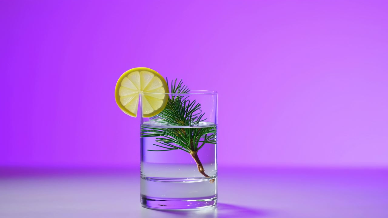 Bicchiere con limone e ramo di pino ambientato su uno sfondo neon viola vibrante, composizione minimale illuminata in studio