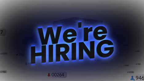 animation of we are hiring text over falling social media icons