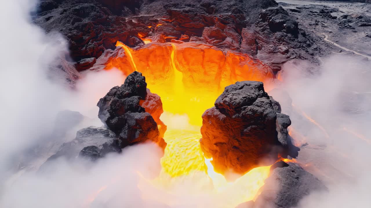 Molten Lava Flowing from an Active Volcano Amidst Rising Steam