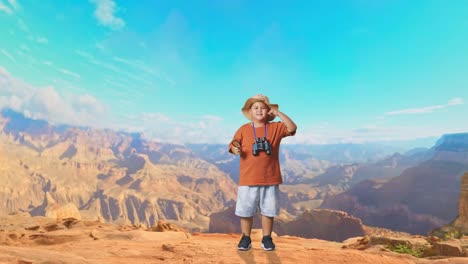 asian boy with a hat and binoculars using the magnifying glass then making call me gesture while traveling at the top of mountain. boy researcher examines something, travel adventure, full body