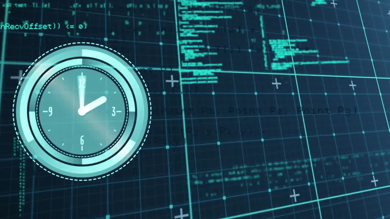 Animation of digital clock over grid pattern against computer language against abstract background