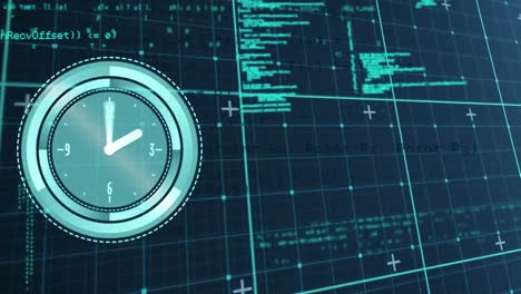 animación del reloj digital sobre el patrón de cuadrícula contra el lenguaje de la computadora contra un fondo abstracto