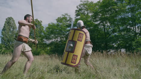 roman gladiators in combat reenactment