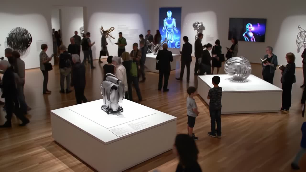 Visitors engage with various abstract sculptures in a contemporary art gallery. The atmosphere is filled with conversation and appreciation for the diverse artworks on display.