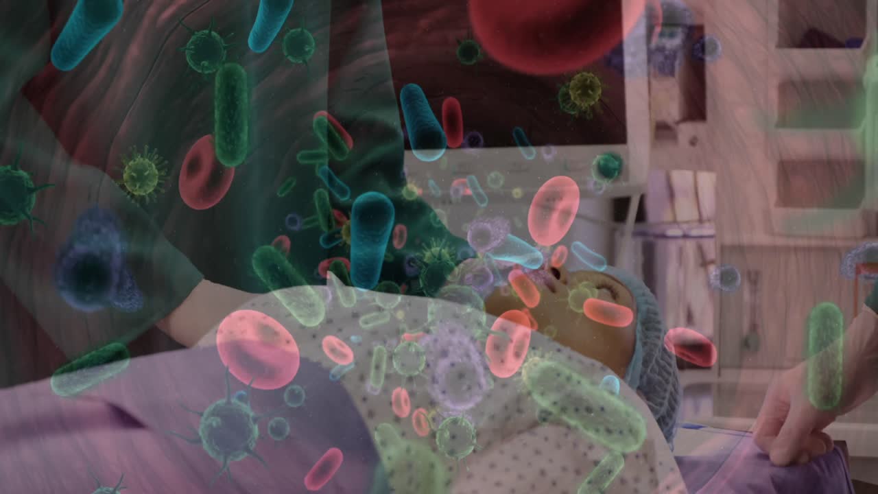병원 의 의사 들 위 에 있는 코로나 19 세포 의 애니메이션