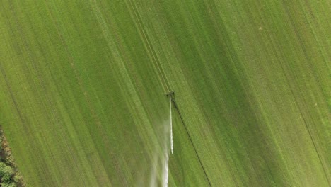 sprinkler agriculture irrigation system in farmland, high aerial overhead view