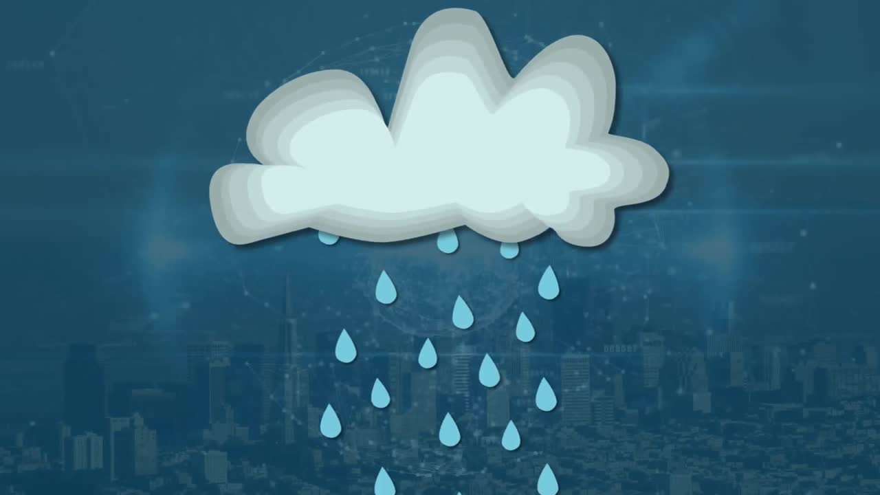 도시 풍경 위의 구름 아이콘과 지구의 애니메이션