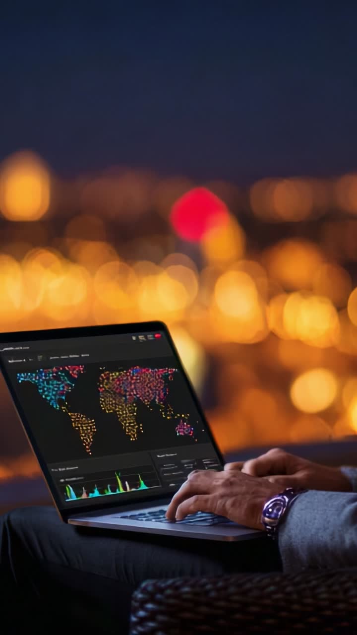 A person working on a laptop displaying a colorful world map and data analytics at night, with city lights creating a vibrant background ambiance