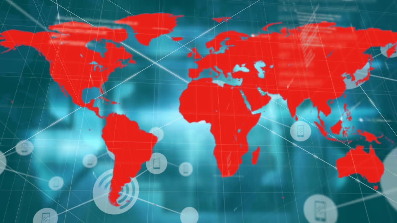 블루 배경 위에 미디어 아이콘과 세계 지도의 애니메이션