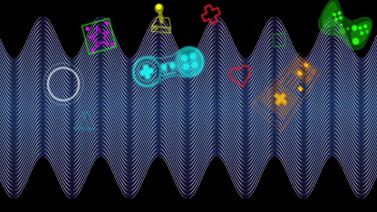 Animation of game icons over shapes on black background