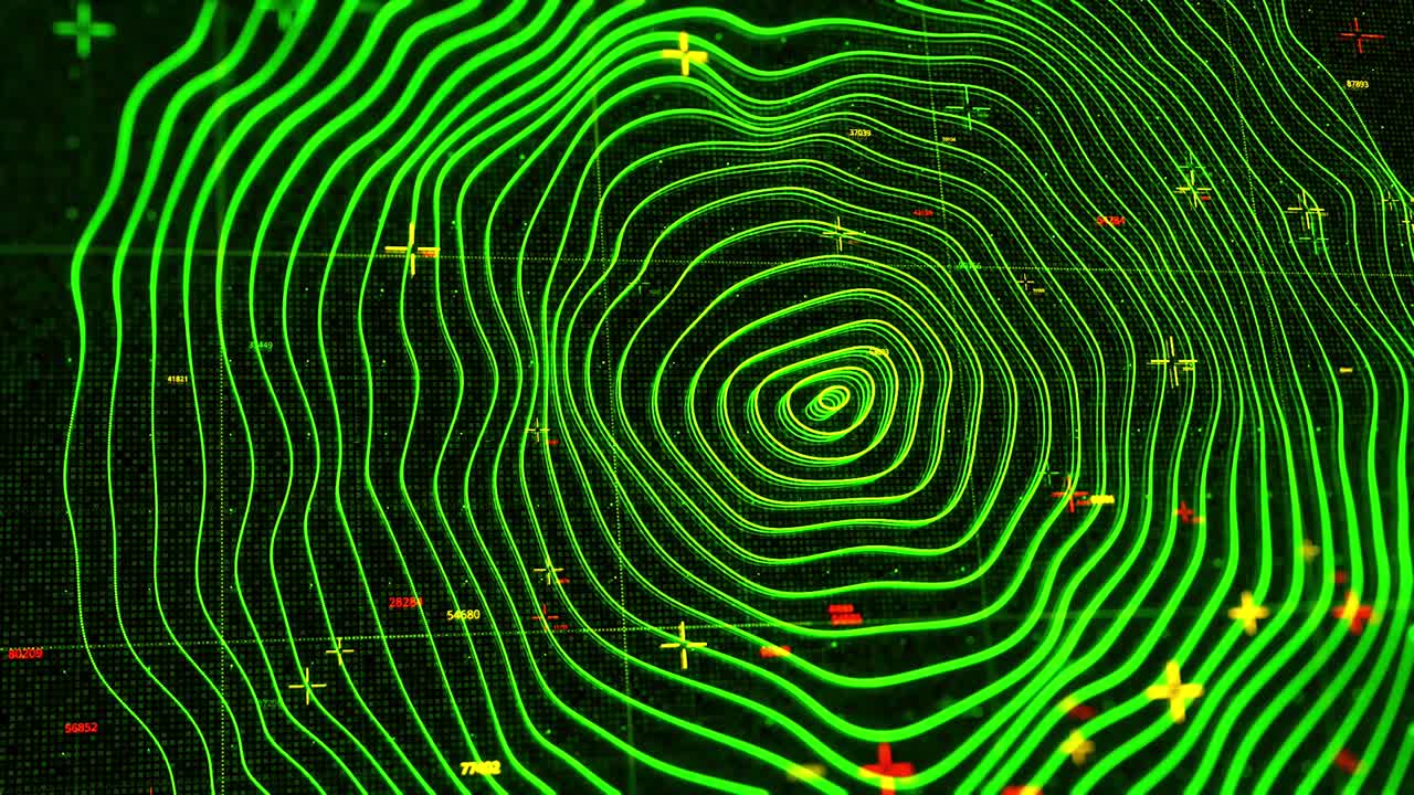 anillos verdes concéntricos que se mueven en el fondo de la pantalla negra. animación. programa de radar o sonar abstracto, textura de neón ondulada, bucle sin costuras