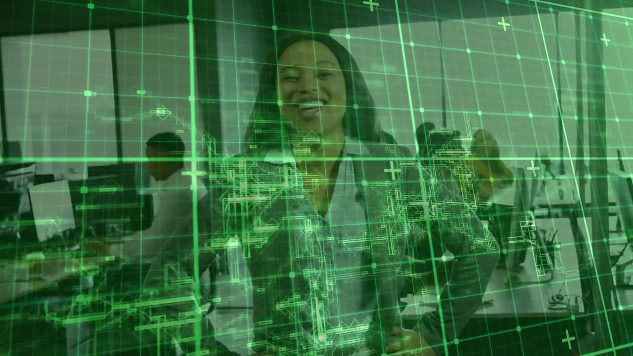 Woman posing hands on hips in business office, holographic grid shifting, revealing leadership