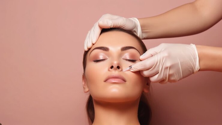 Close-up angle of a serene woman receiving a cosmetic injection