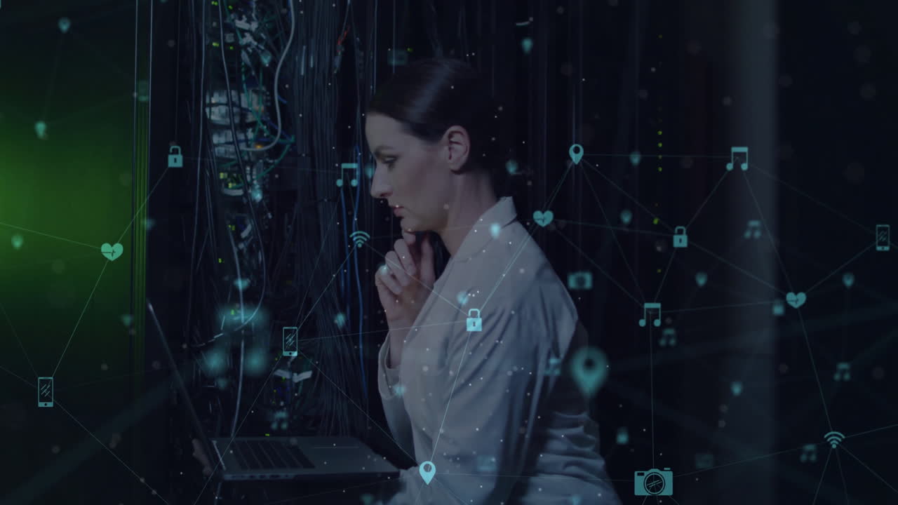 Animation of media icons over caucasian female worker in server room