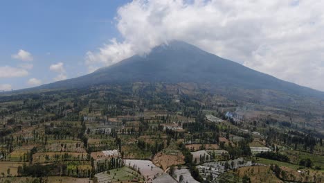 tiny agriculture fields and massive mount sumbing in indonesia, aerial view