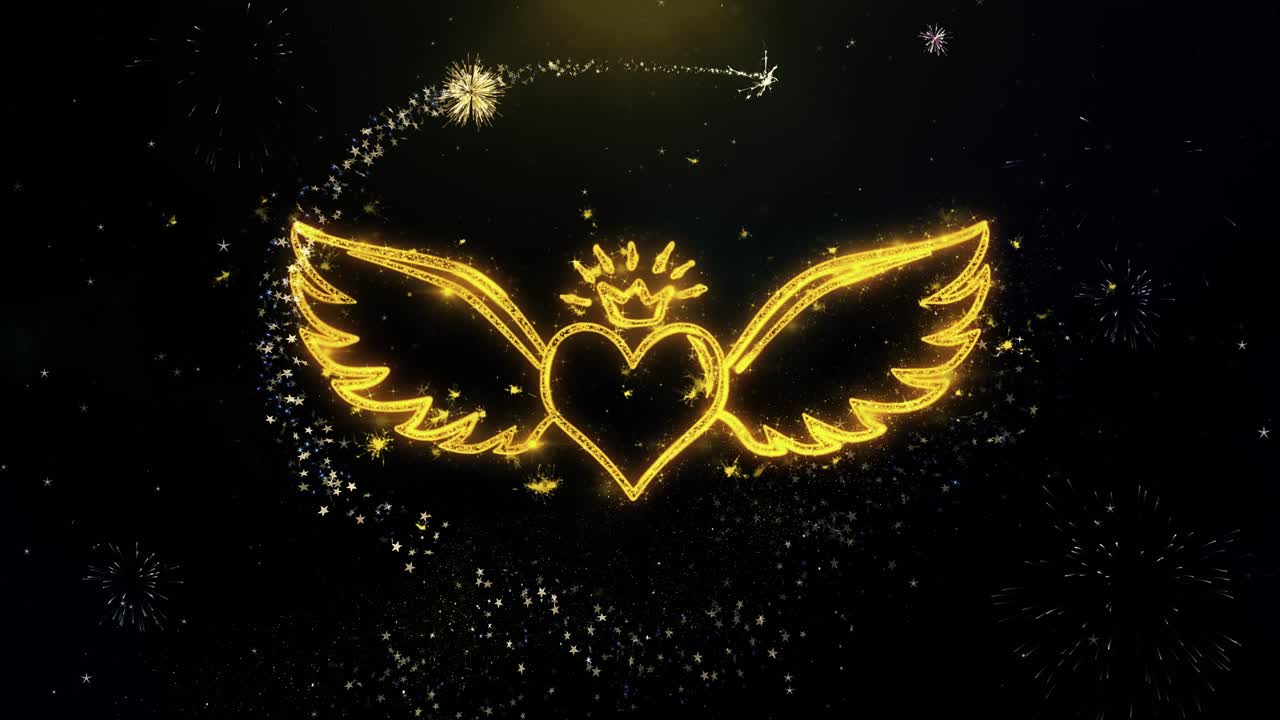 Golden Heart with Wings and Crown, Fireworks Background