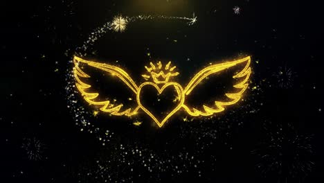 golden heart with wings and crown, fireworks background