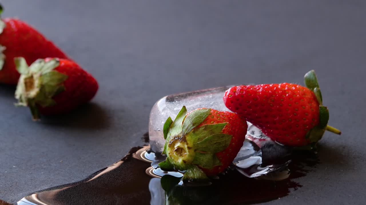 Strawberry fruit display commercial over ice melting freezing time lapse