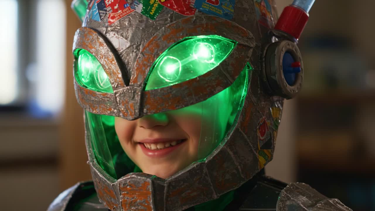 A Young Innovator Showcases Their Creative DIY Robot Helmet, Featuring Bright Green LED Lights and Upcycled Materials, Exuding Fun and Imagination in a Playful Atmosphere