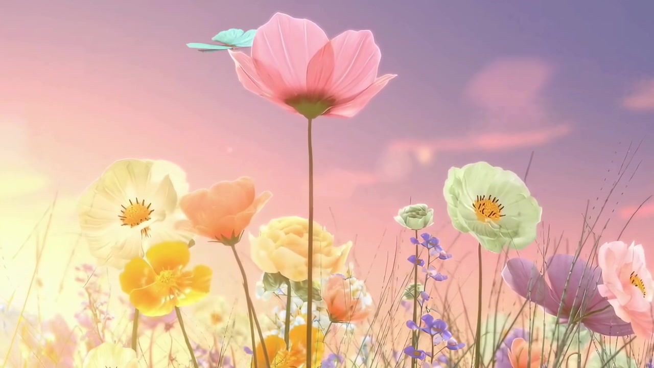 Butterfly Flying Over a Field of Pastel Flowers at Sunset