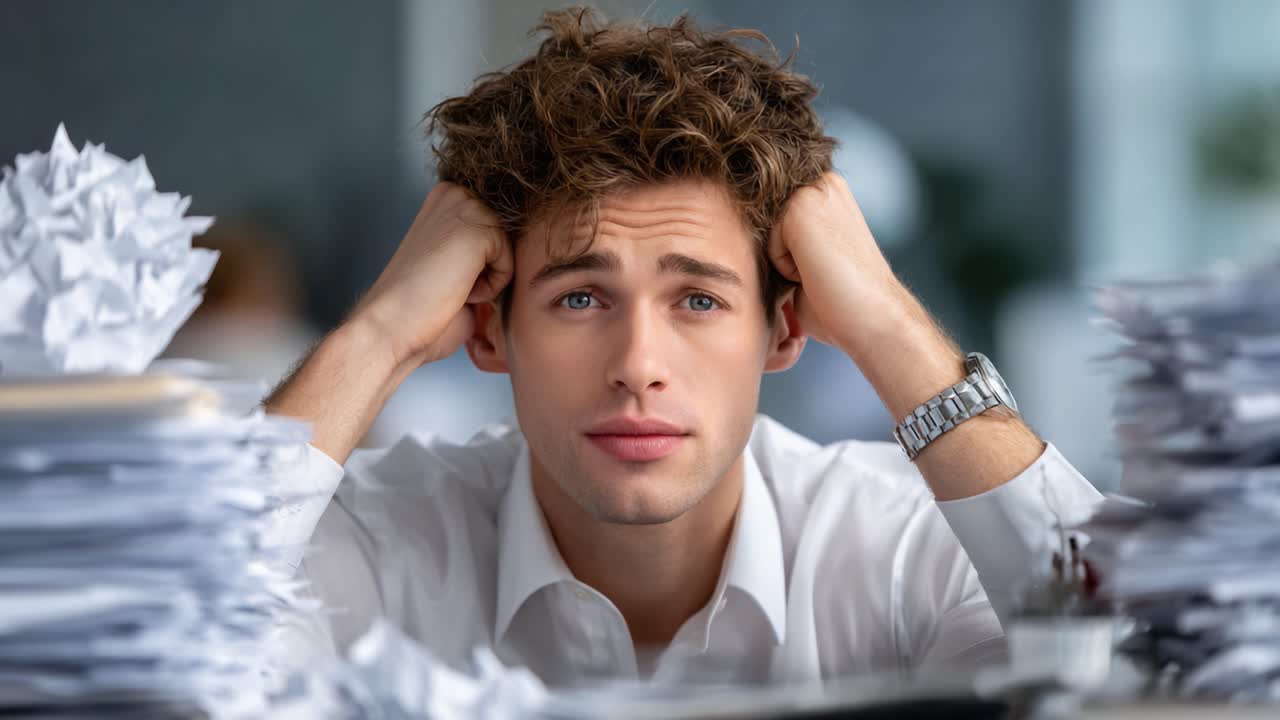 A Young Professional's Struggle: Capturing the Frustration and Overwhelm Amidst a Mountain of Paperwork in a Modern Office Environment