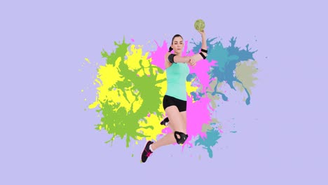 animation of caucasian female handball player throwing ball over colourful stains