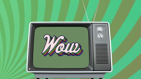 animation of retro wow rainbow text over vintage tv set and green stripes in the background