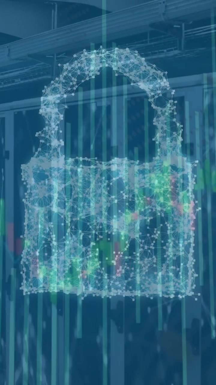 Animation of security padlock, shield and cloud icon and data processing against server room