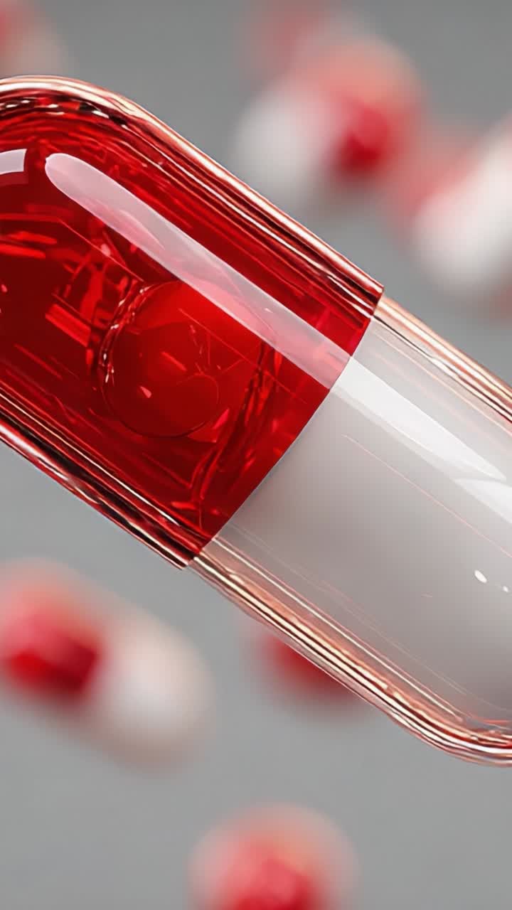 Uma exploração em close-up de uma cápsula vermelha e branca em movimento, destacando sua superfície brilhante e formato característico em meio a um plano de fundo com estética farmacêutica borrada
