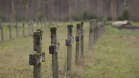 focus rack back and forth over row of old gravestones at abandoned cemetery