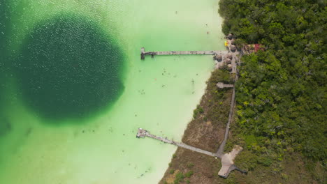Aerial-birds-eye-overhead-top-down-descending-view-of-people-swimming-and-relaxing-in-emerald-green-water-of-natural-lake.-Kaan-Luum-lagoon,-Tulum,-Yucatan,-Mexico