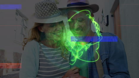 animation of data processing with globe over caucasian couple