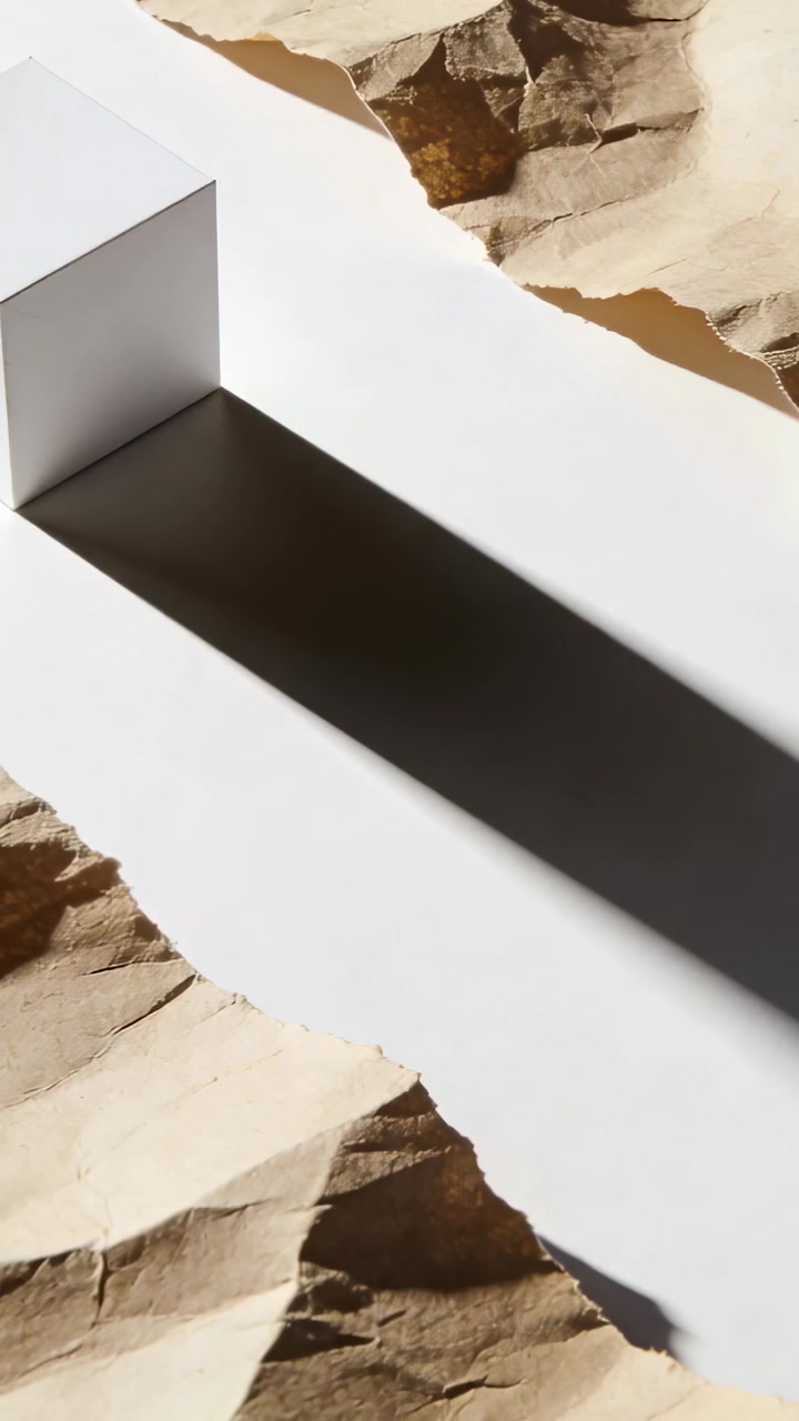 Biglietto bianco piegato in piedi su un foglio strappato, luce dall'alto a sinistra che proietta una lunga ombra diagonale per il design