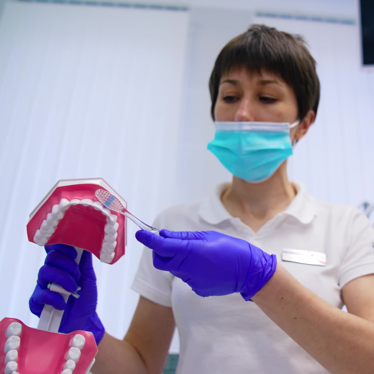 Oral hygiene on a teeth model. Dentist showing on jaw model how to clean teeth with brush for teeth. Orthodontic treatment concept. Teaching dental care