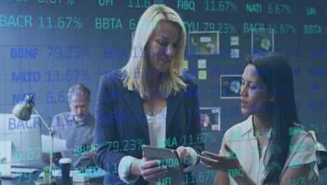 Animation-of-trading-board-over-diverse-female-coworkers-discussing-reports-on-digital-tablet