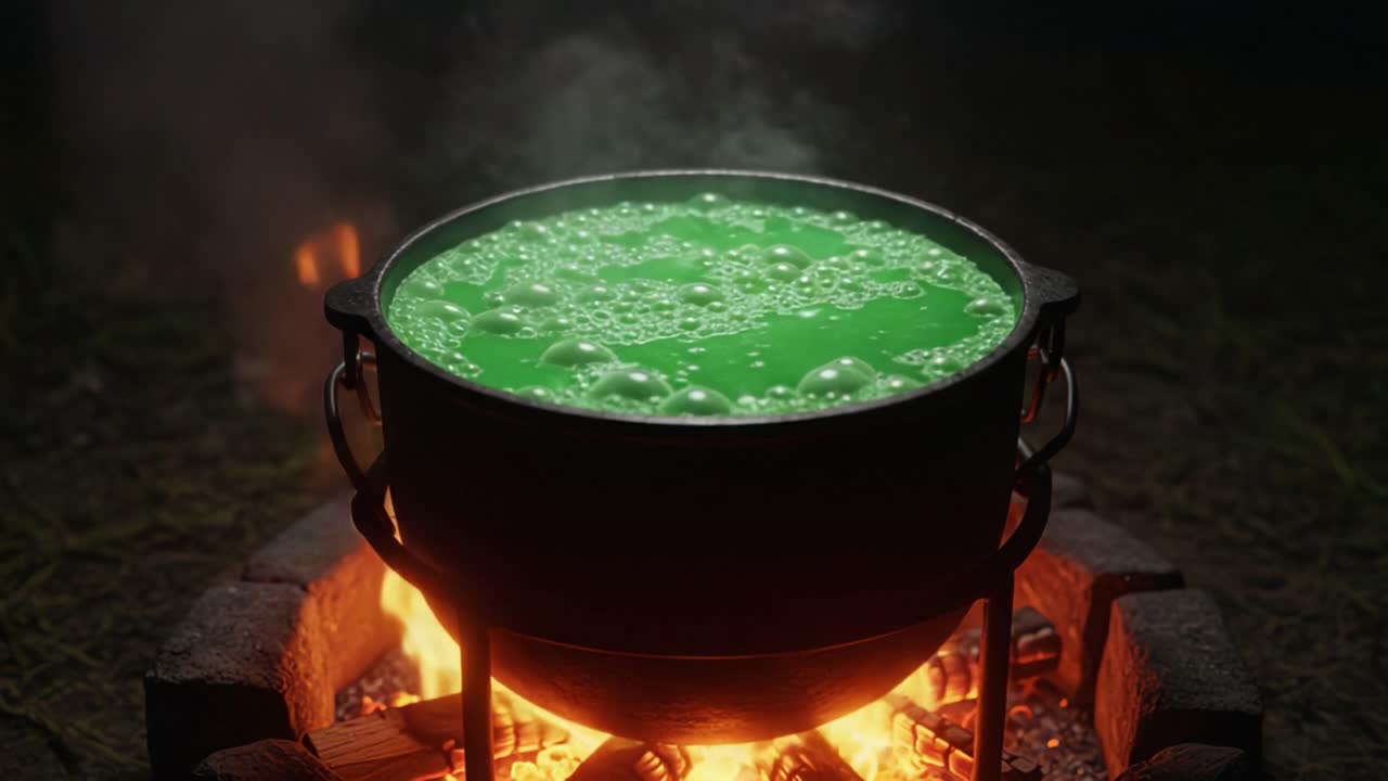 A bubbling cauldron of vibrant green concoction simmers over an open flame, releasing steam and magical vibes in a mystical outdoor setting, perfect for a spooky potion brewing scene