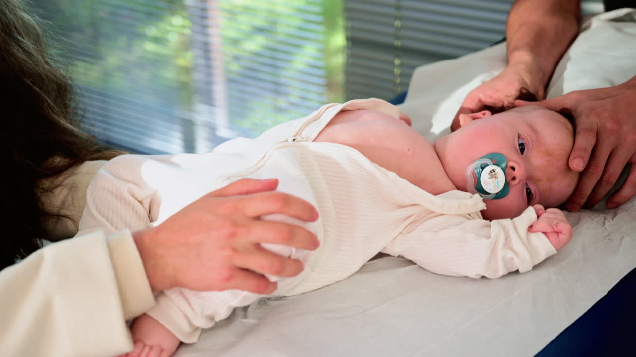 Close up of a parent's hands supporting a baby during a routine check up