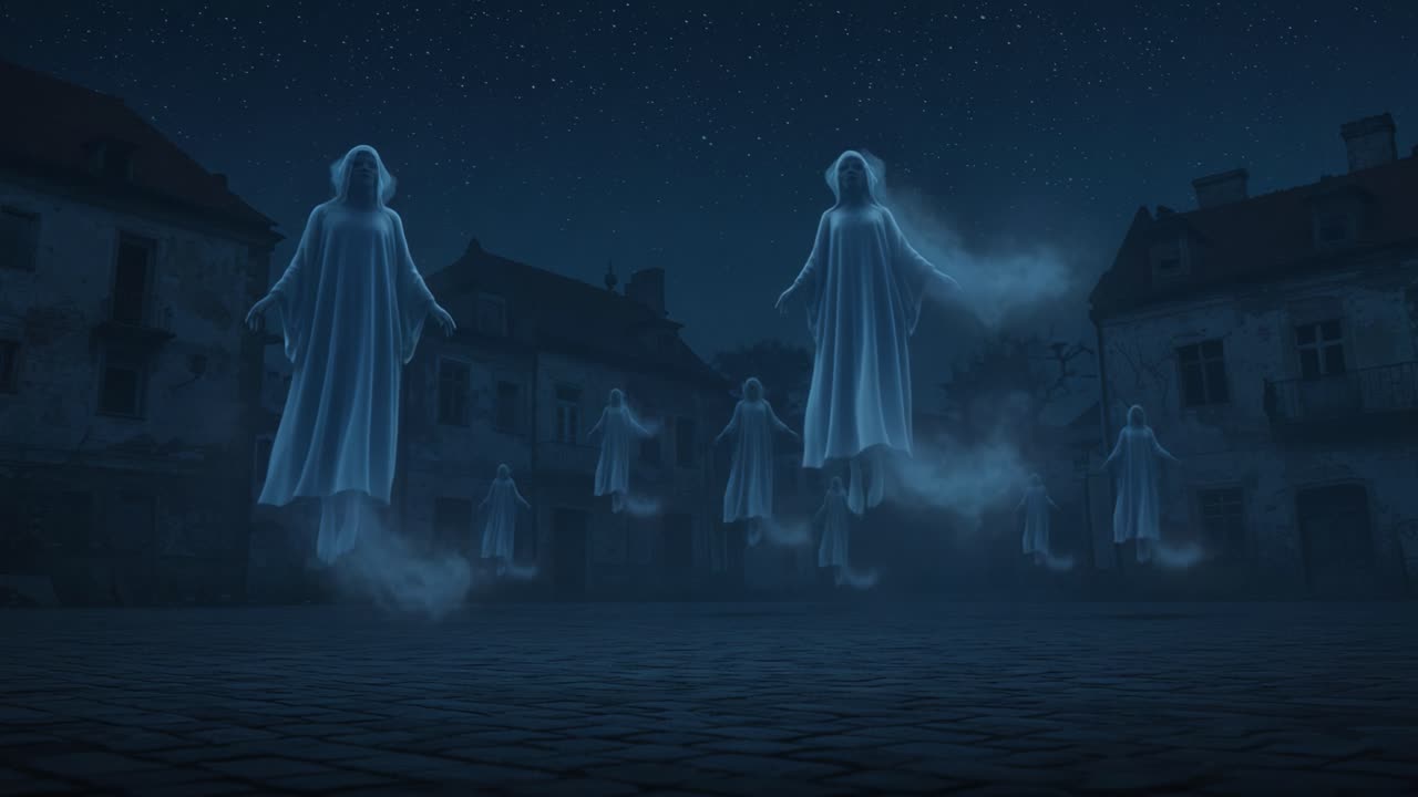 Ethereal Spirits Hovering in a Mystical Nightscape: A Haunting Visual Journey Through Spectral Figures Drifting Over an Abandoned Urban Setting Under Starry Skies