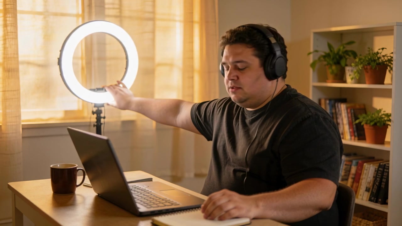 Digitando no laptop, olhando para a ring light, homem ajustando a luz para a câmera, anotando no caderno em casa.