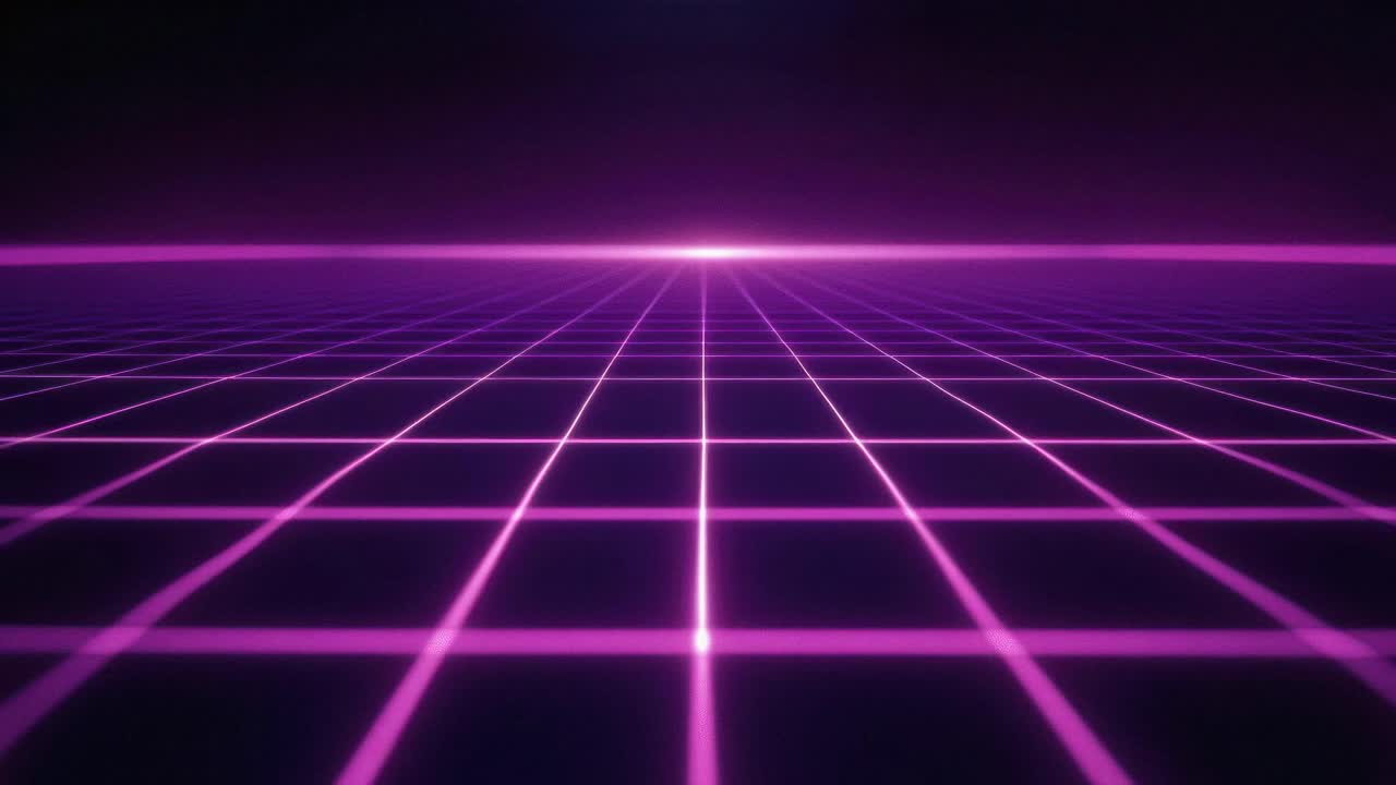 Retro-futuristic video concept with a low-angle view of a glowing grid extending to a bright