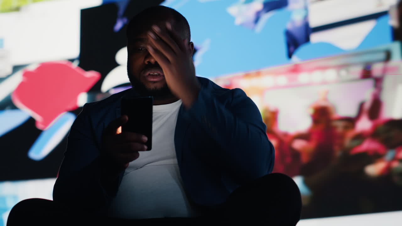 Black male user suffering from mental health issues due to toxic network