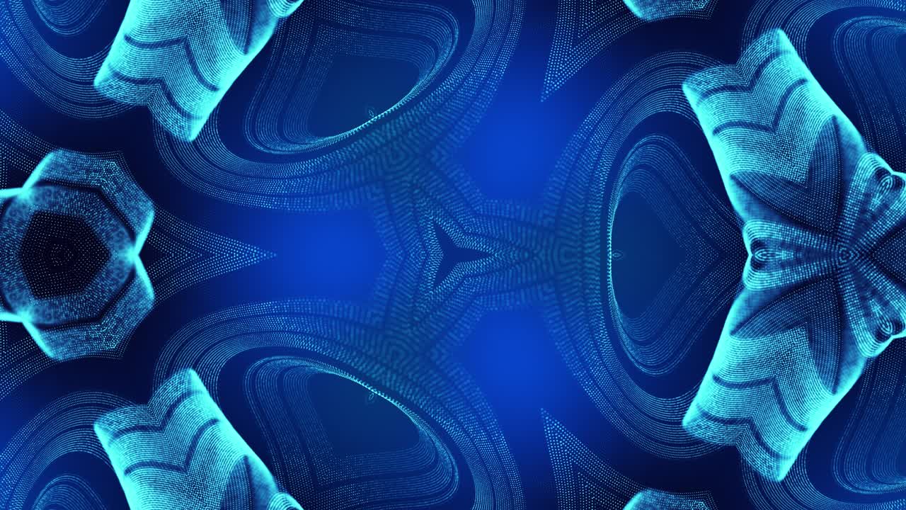 el fondo azul abstracto de 4k de partículas de brillo forma líneas curvas, superficies estructuras simétricas como en el holograma caleidoscópico. tema abstracto de ciencia ficción con ondas de partículas.